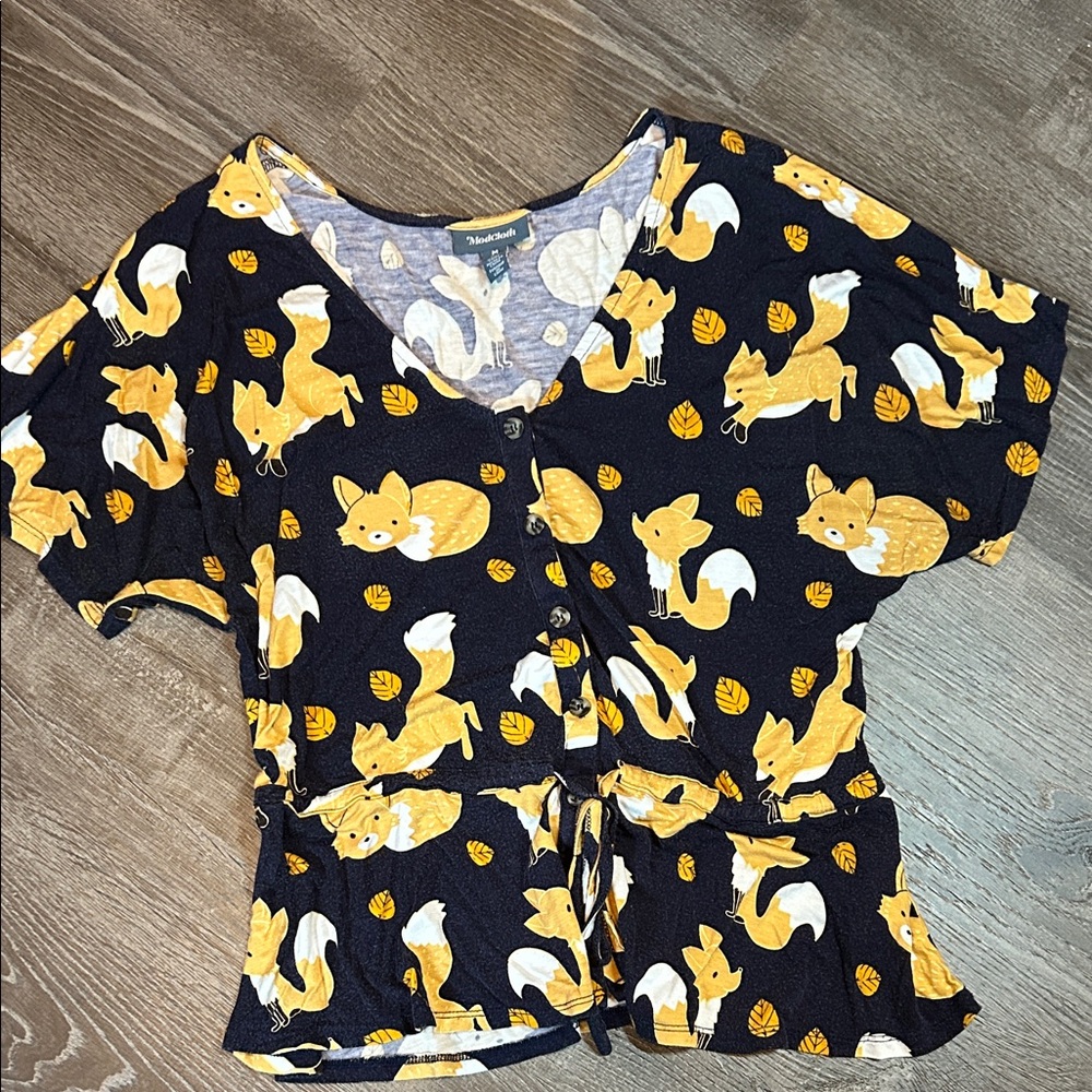 Modcloth Yellow and Cream Fox Print Blouse